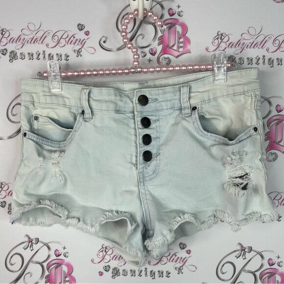 Billabong jeans shorts mini button up Distressed Denim Shorts holes - Picture 1 of 10
